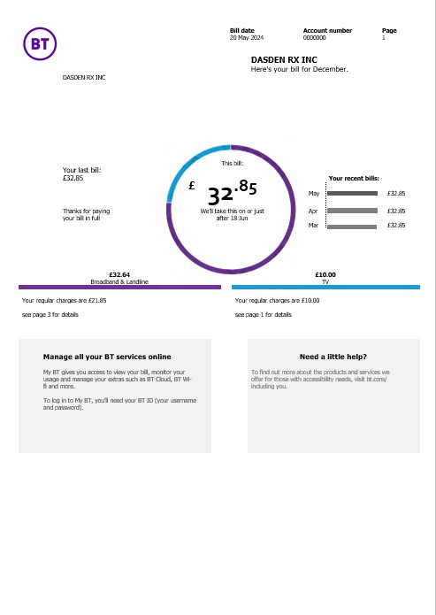 United Kingdom BT telecommunications business utility bill template in Word and PDF formats, version 2
